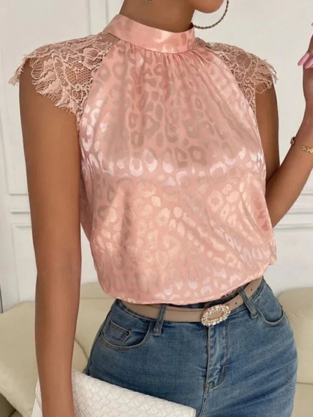 Leopard Elegant Dusty Pink Contrast Lace Satin Blouse